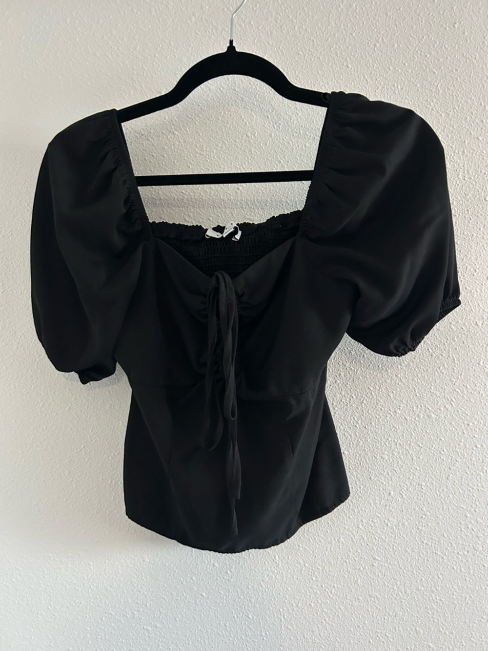 Gilly Square Neck Black Puff Sleeve Blouse with Front Tie
